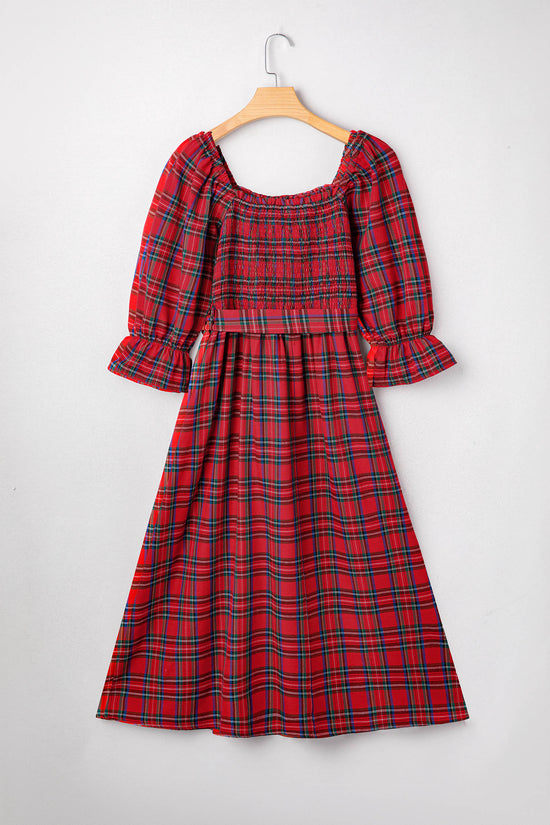 Red Green Tartan Plaid Flared Midi Dress