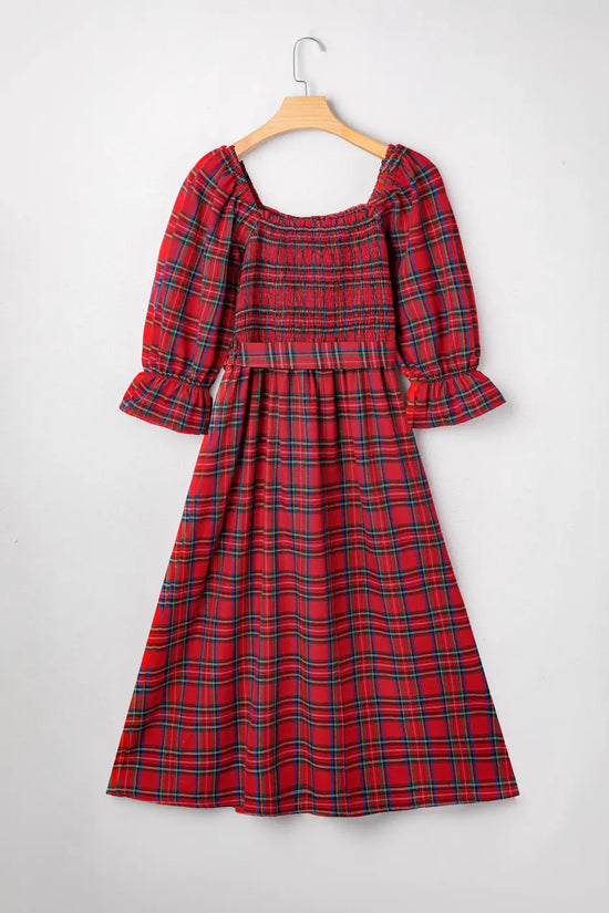Red green tartan plaid flared midi dress dresses