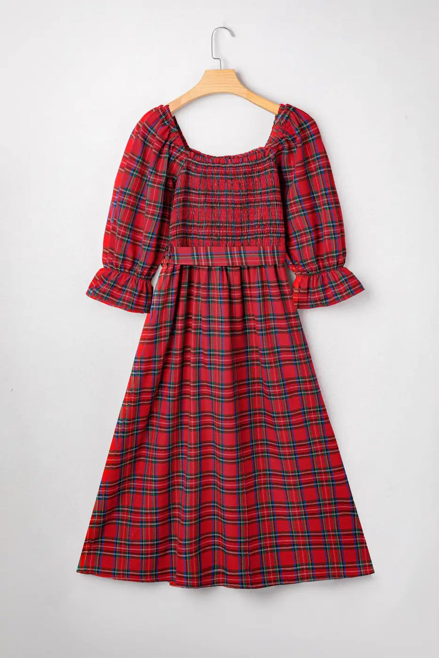 Red green tartan plaid flared midi dress dresses