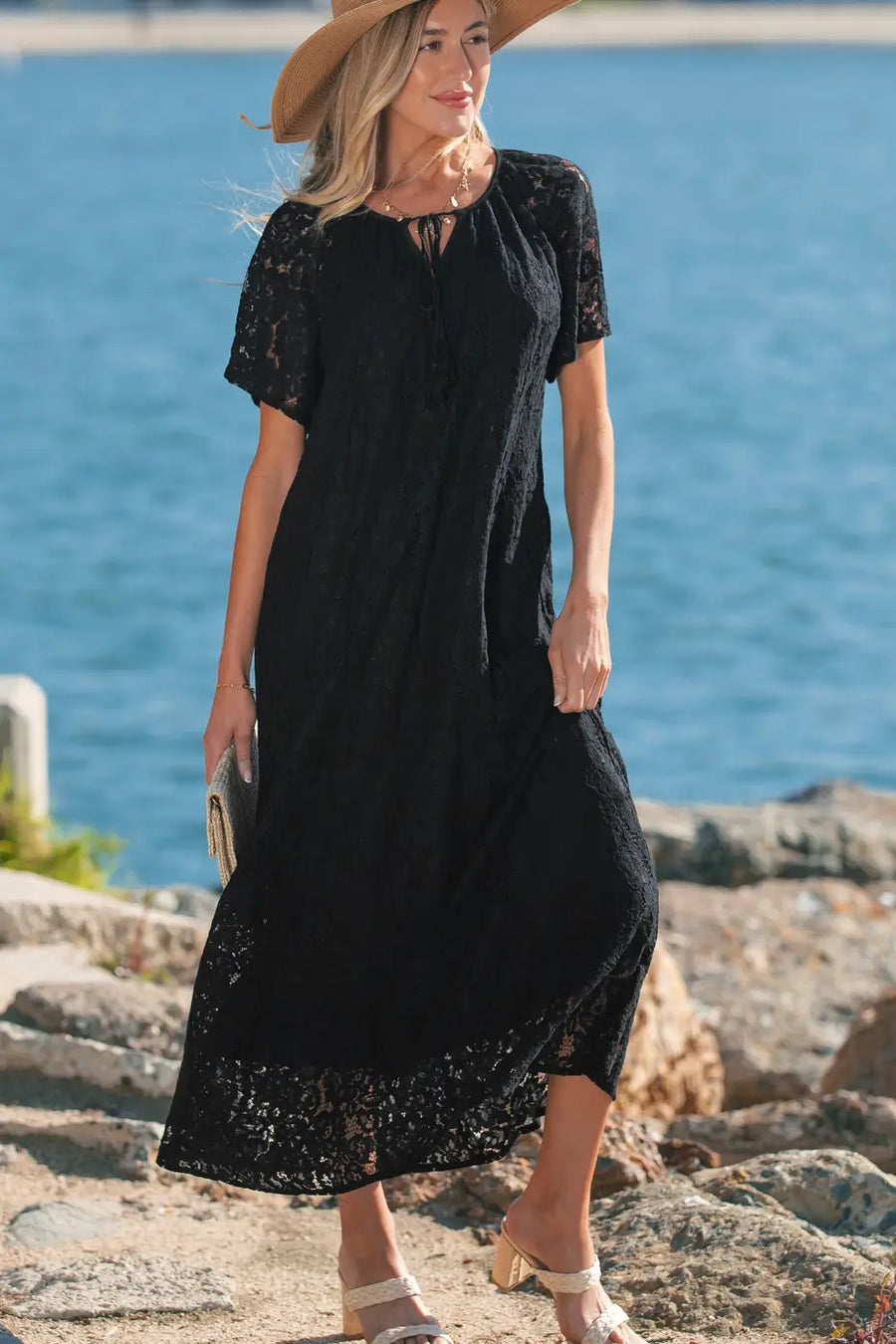 Black lace maxi dress women | overlay sundress