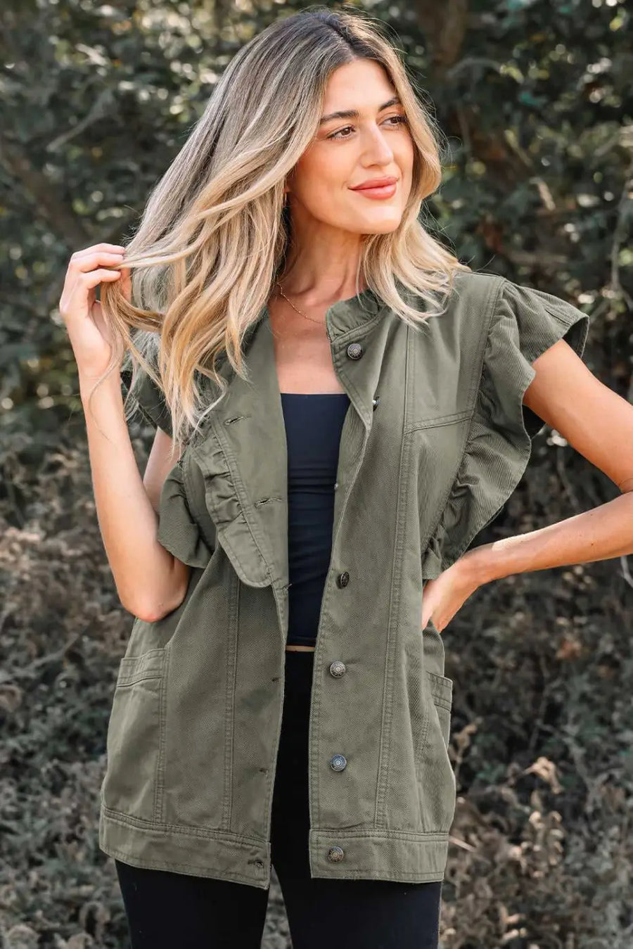 Green bay ruffled denim vest - women’s fashion trends