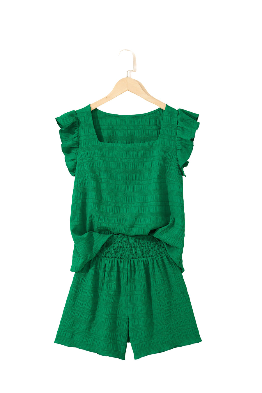 Textured Square Neck Cap Sleeve Top & Shirred High Waist Shorts Set