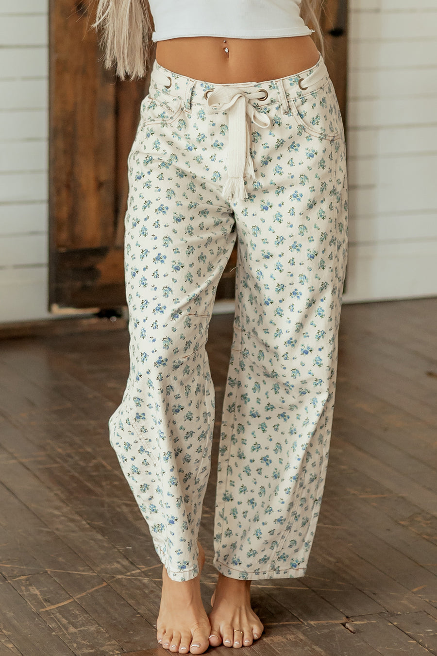 Grommet Knot Waist Floral Barrel Leg Jeans