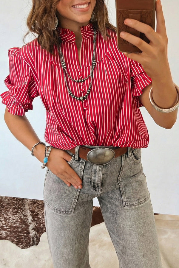 Red Stripe Ruffled Puff Sleeve Button Front Blouse Women UK