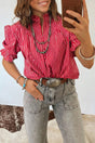 Red Stripe Ruffled Short Puff Sleeve Button Front Blouse