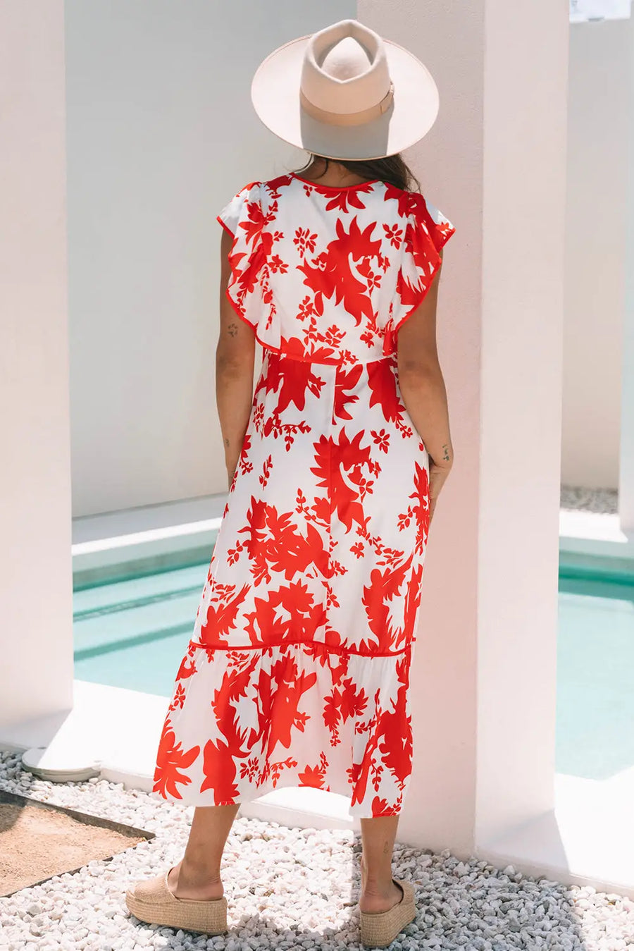 Red Floral Trimmed V Neck Ruffle Sleeve Maxi Dress Women UK