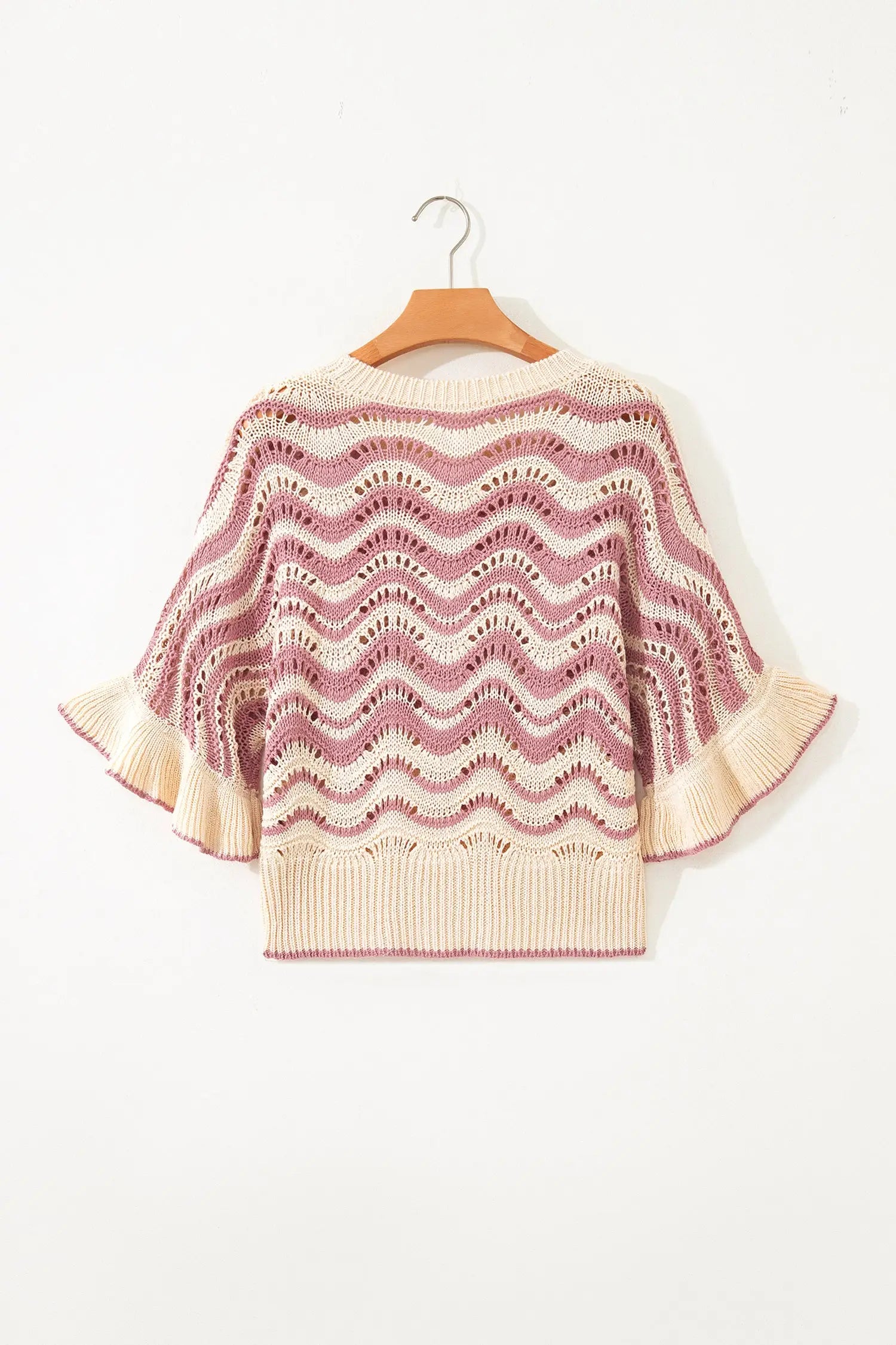 Wavy stripe crochet eyelet ruffle half sleeve knit sweater relaxed fit sweaters