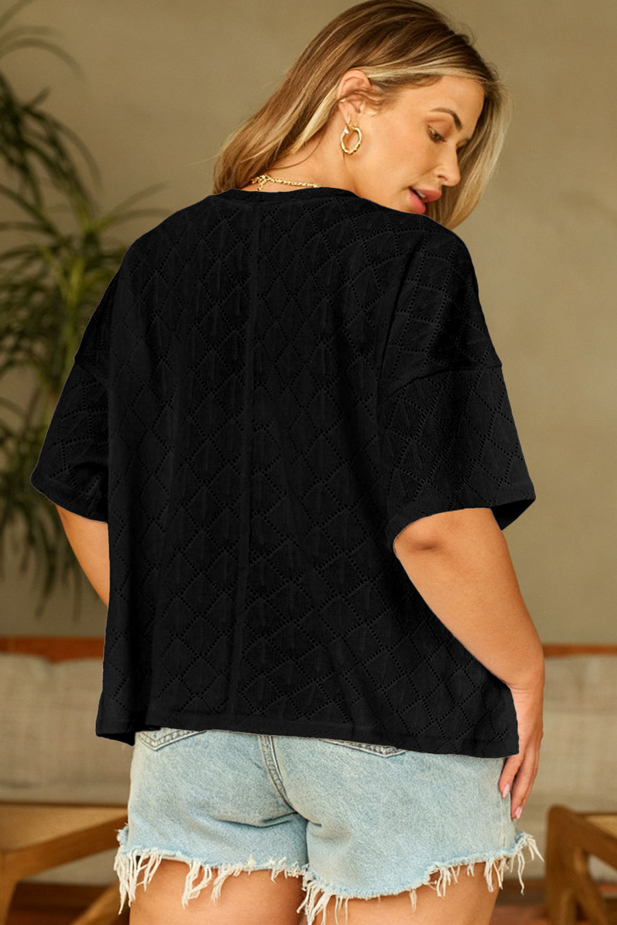 Pointelle Rhombus Knit V Neck Loose Plus Size Top Women UK