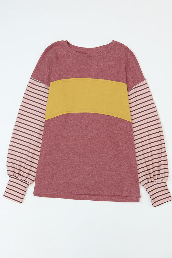 Green Colorblock Bishop Sleeve Top - Striped Casual Chic
