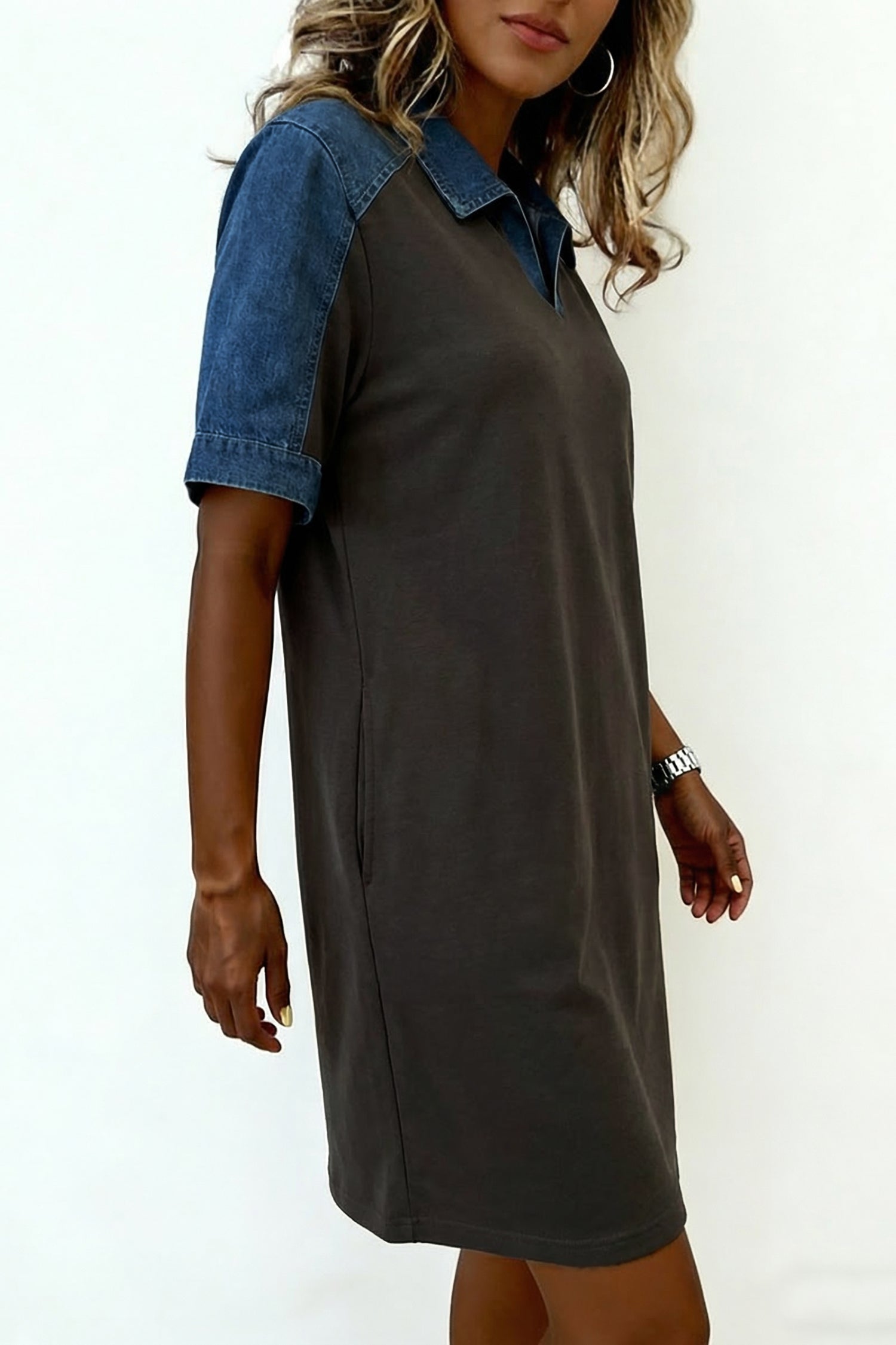 Colour Block Denim Patchwork Polo Collar T-Shirt Dress Women UK