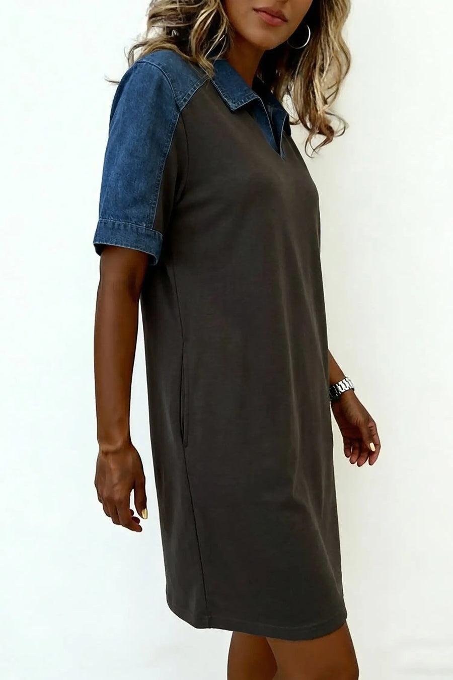 Colour Block Denim Patchwork Polo Collar T-Shirt Dress Women UK — back view | Fashionfitz UK