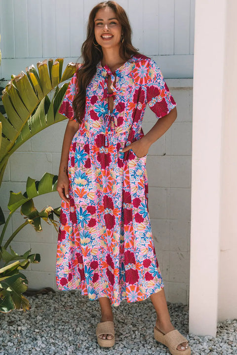 Rose Floral Tied Front High Waist Short Sleeve Maxi Dress Women UK