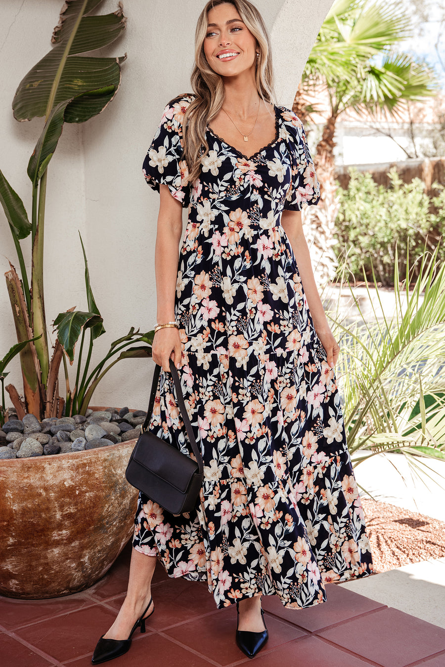 Blue Floral Short Sleeve Smocked High Waist Maxi Dress Women UK — lifestyle view