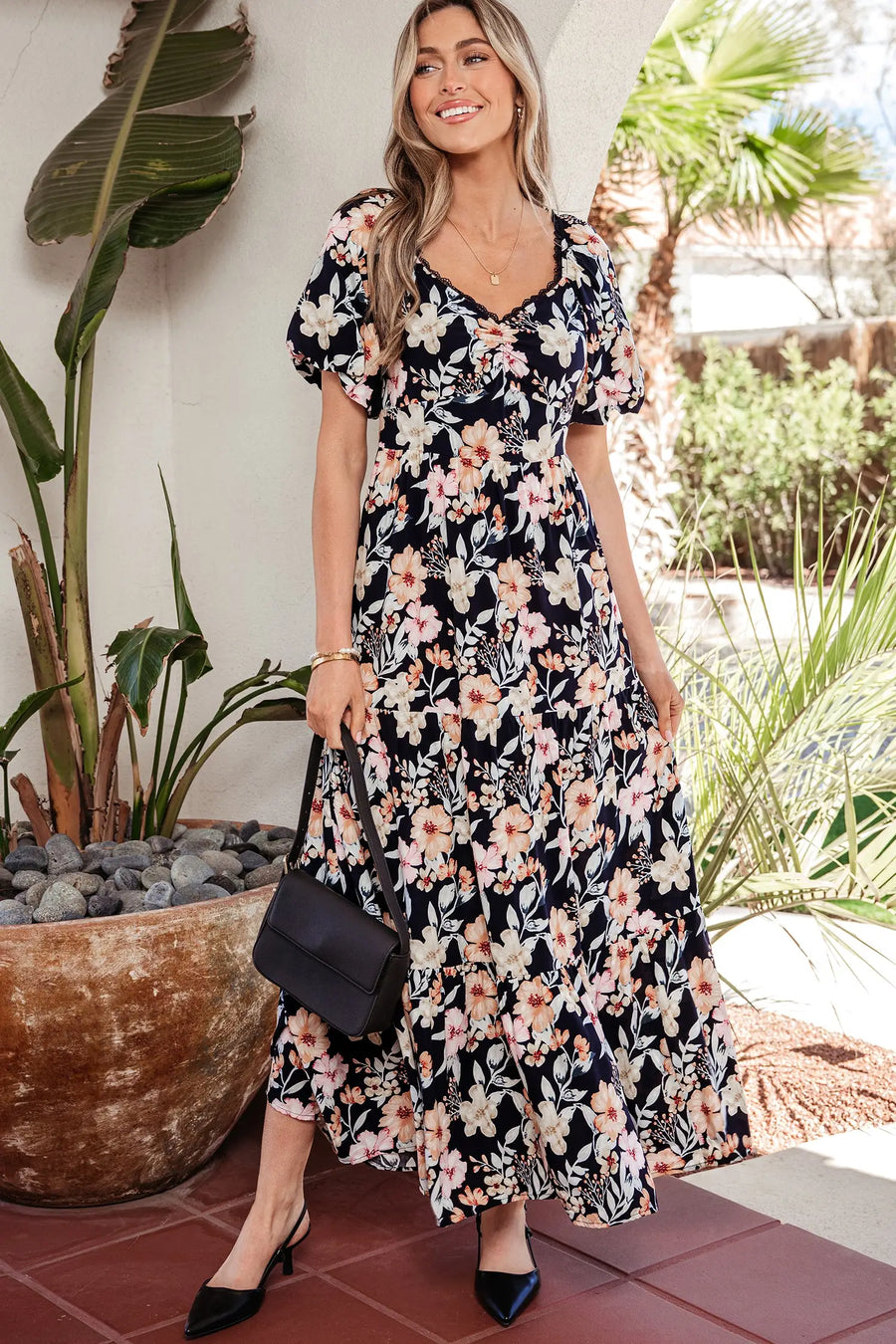 Blue Floral Short Sleeve Smocked High Waist Maxi Dress Women UK — lifestyle view