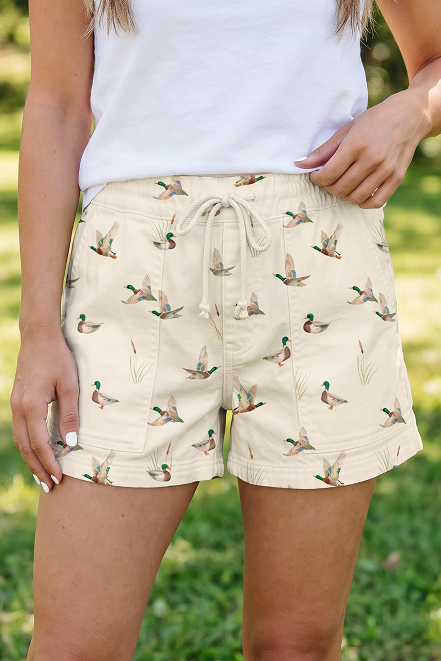 Duck Print Drawstring Denim Shorts Women UK