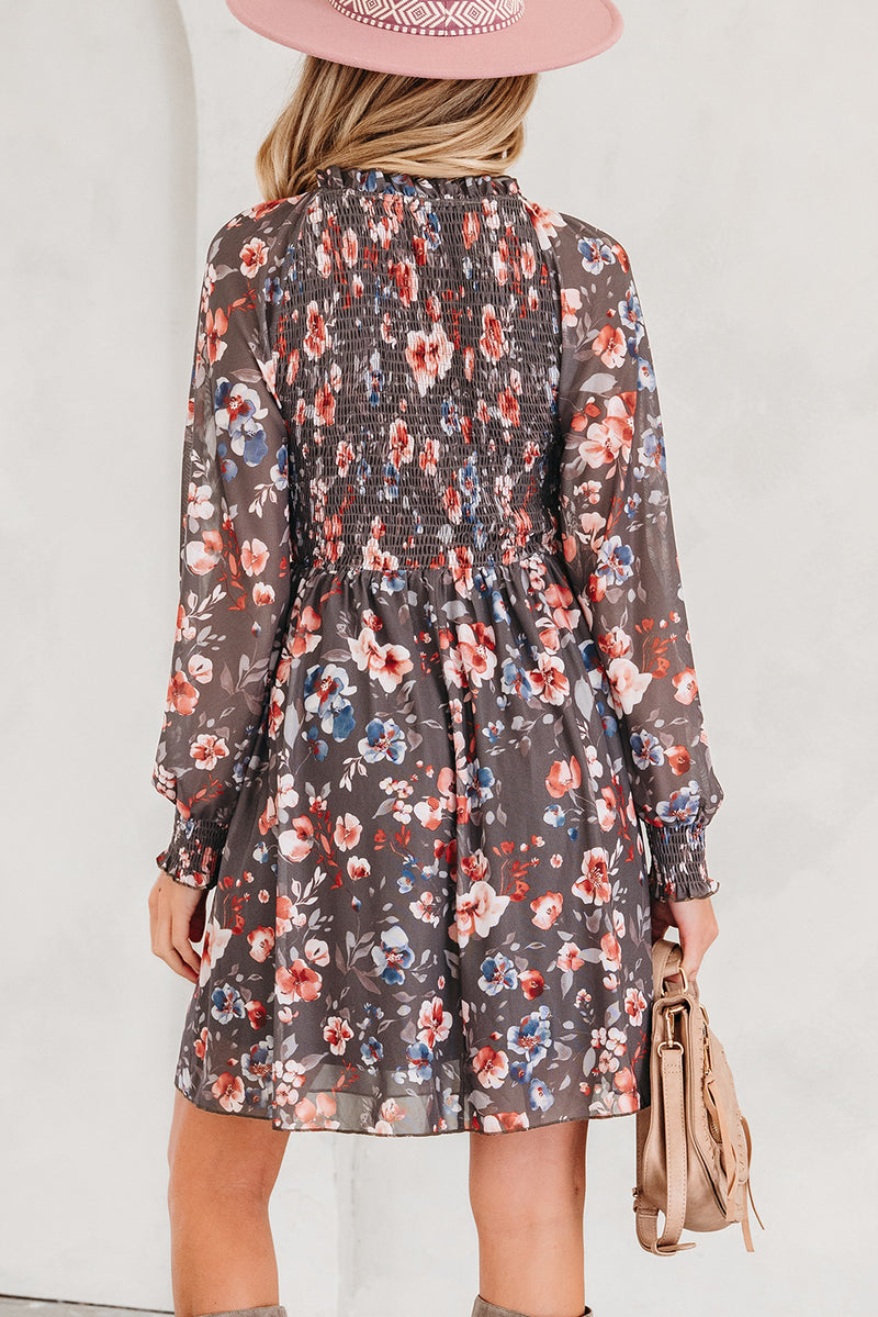 Brown Frilly Smocked Floral Mesh Long Sleeve Mini Dress Women UK