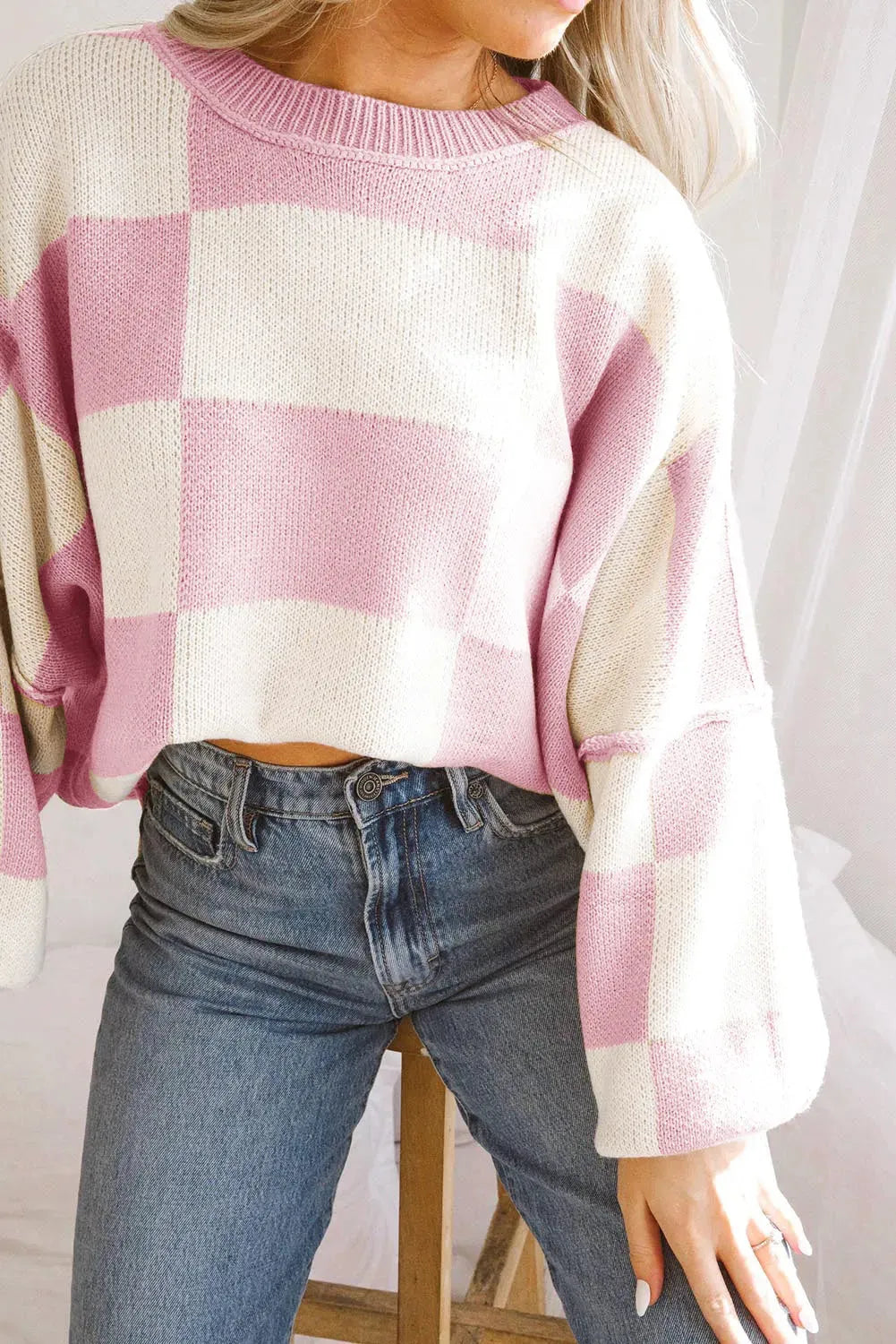 Pink Checkered Bishop Sleeve Sweater - Fashionfitz