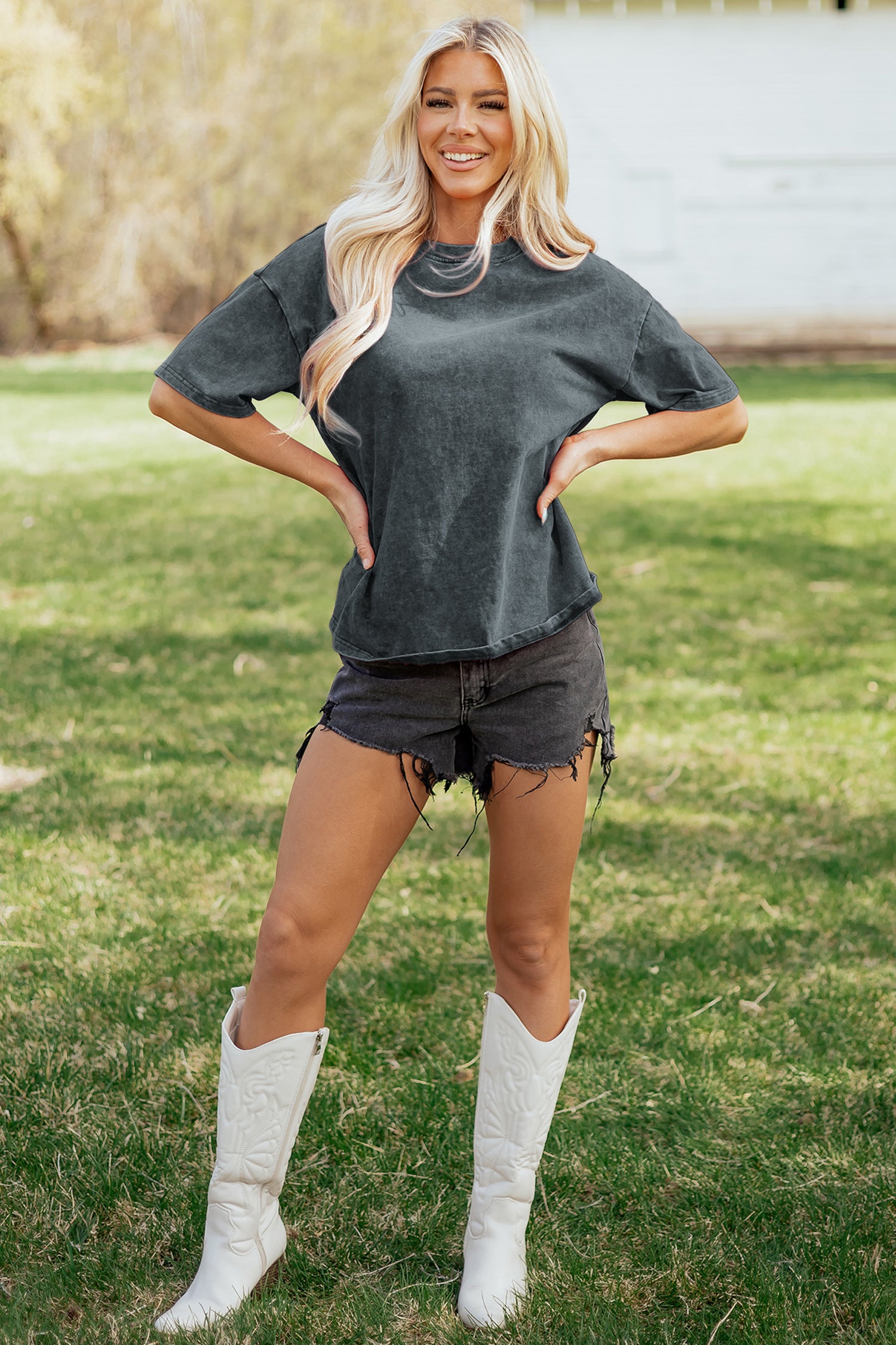 Mineral Washed Oversized Cotton Tee Drop Shoulder Round Neck Tunic Length