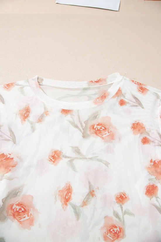 Plus size floral print sheer mesh long sleeve top round neck red blouses