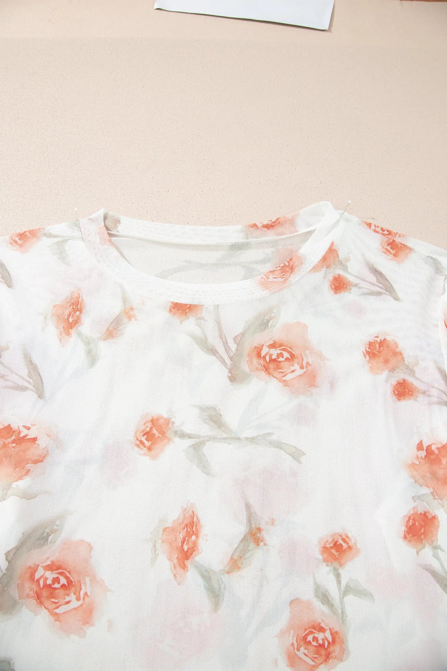 Plus size floral print sheer mesh long sleeve top round neck red blouses