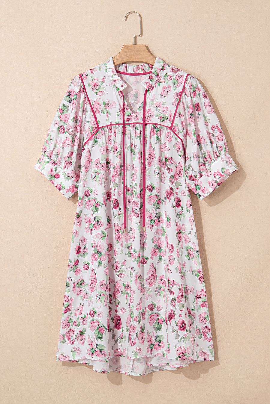 Pink Floral Split Neck Loose Plus Size Mini Dress Women UK
