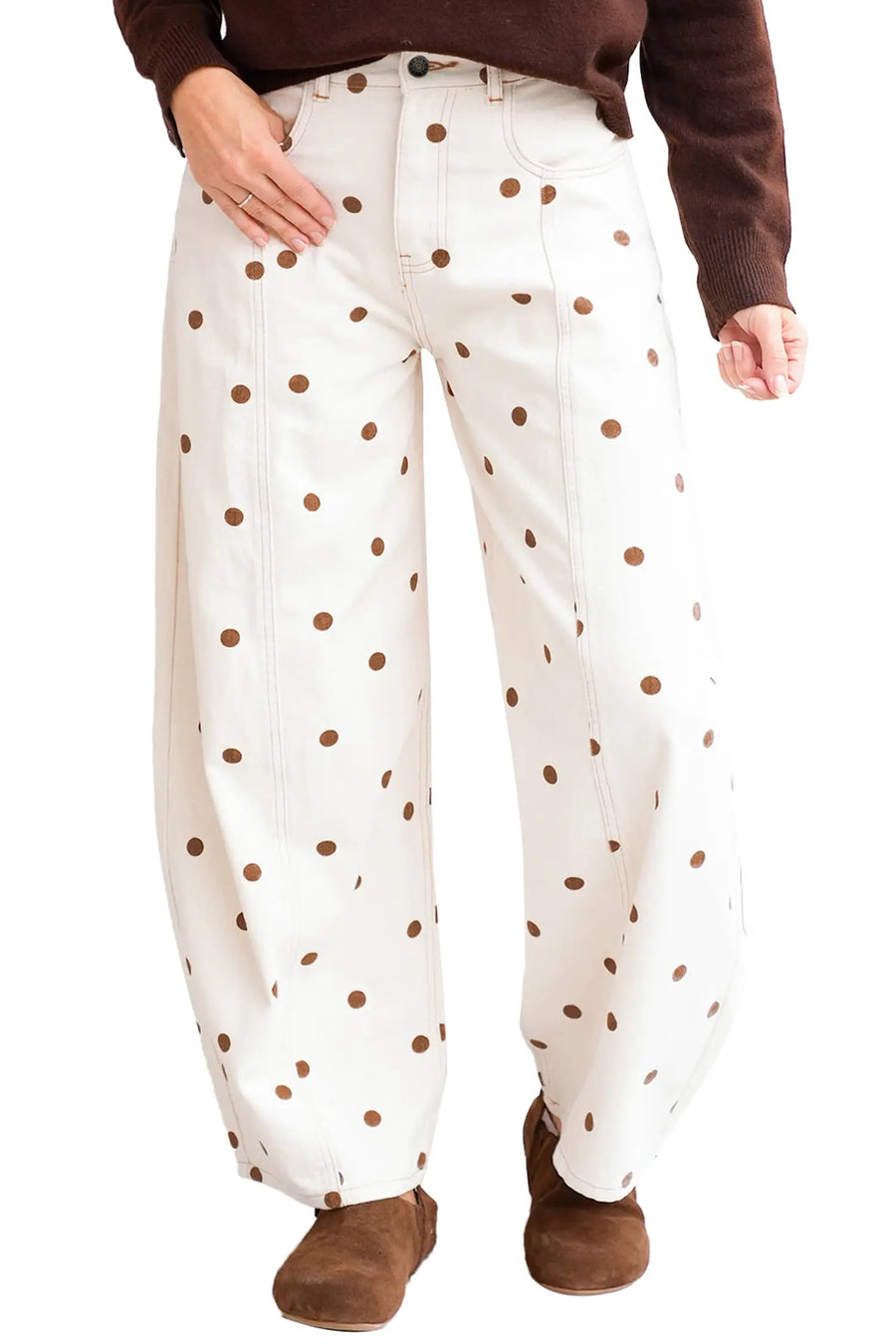 Polka Dot Print Plus Size Barrel Jeans Women UK — angled view | Fashionfitz UK