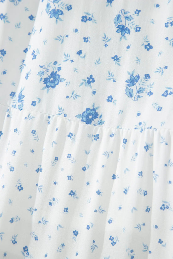 Sky blue tiered floral patchwork boho maxi skirt elastic waist ruffle hem skirts