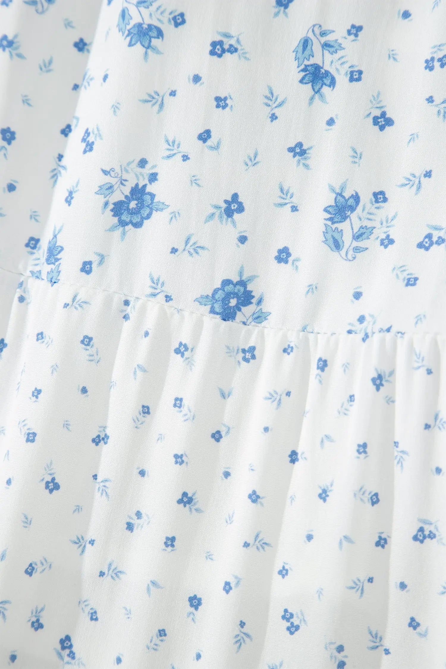 Sky blue tiered floral patchwork boho maxi skirt elastic waist ruffle hem skirts