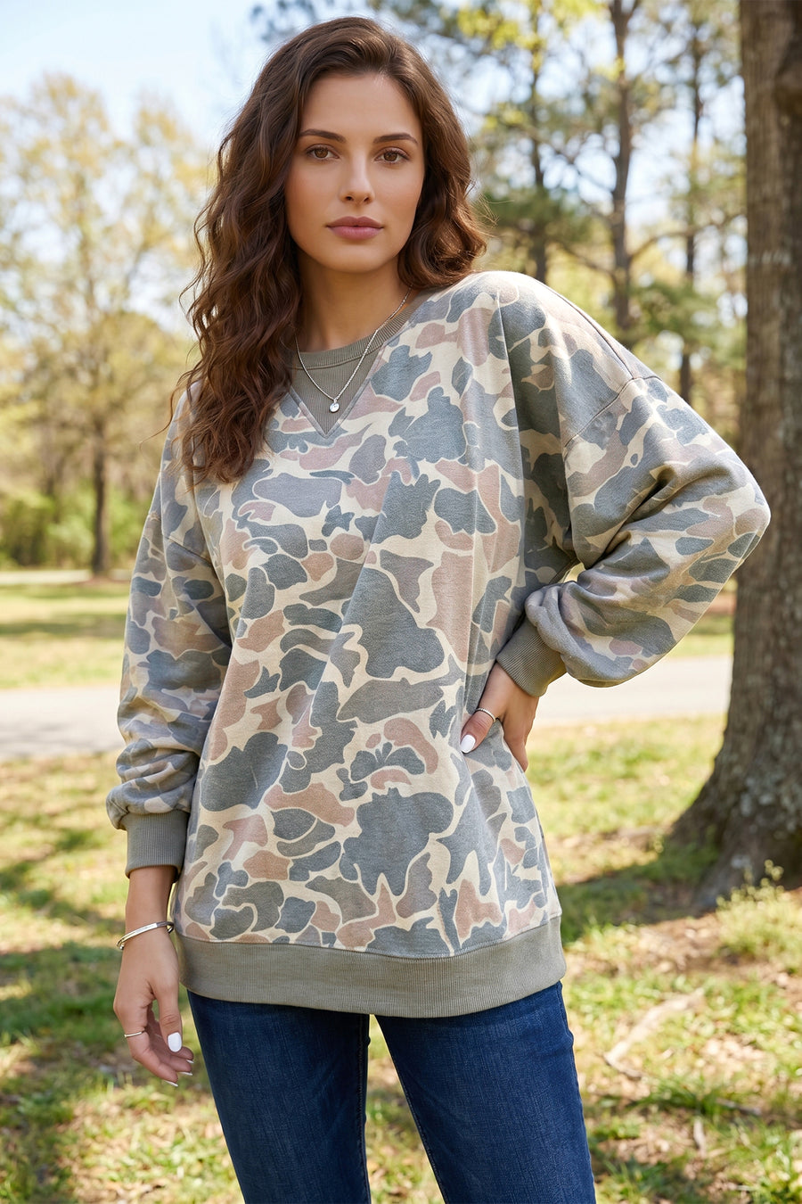 Camo Print Ribbed Trim Pullover Sweatshirt Women UK