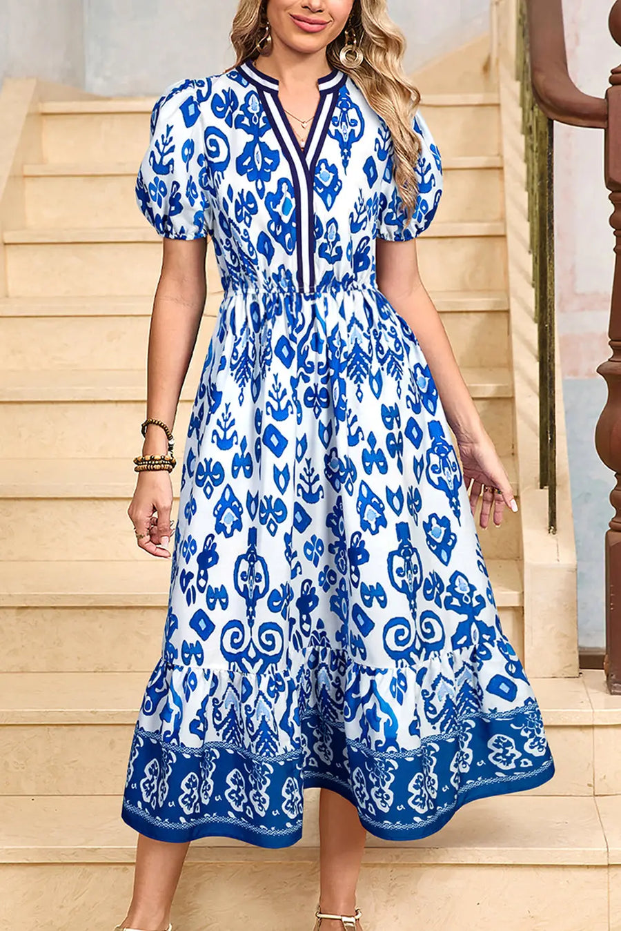 Sky Blue Floral Puff Sleeve V Neck High Waist Maxi Dress Women UK — lifestyle view