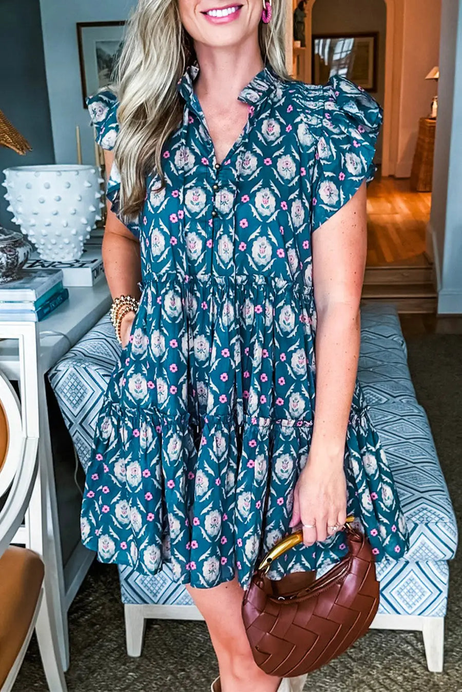 Blue Retro Floral Split Neck Ruffle Short Sleeve Dress Women UK