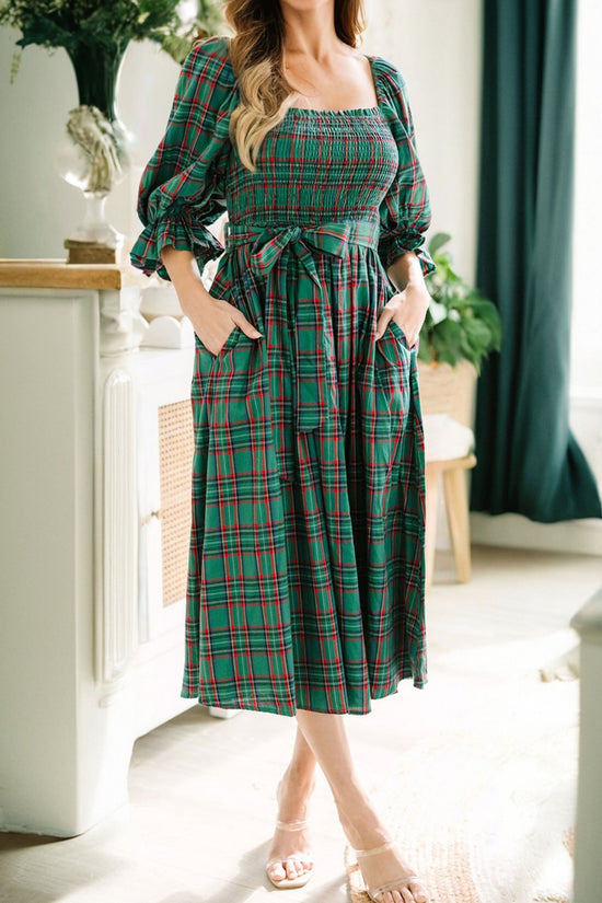 Red Green Tartan Plaid Flared Midi Dress
