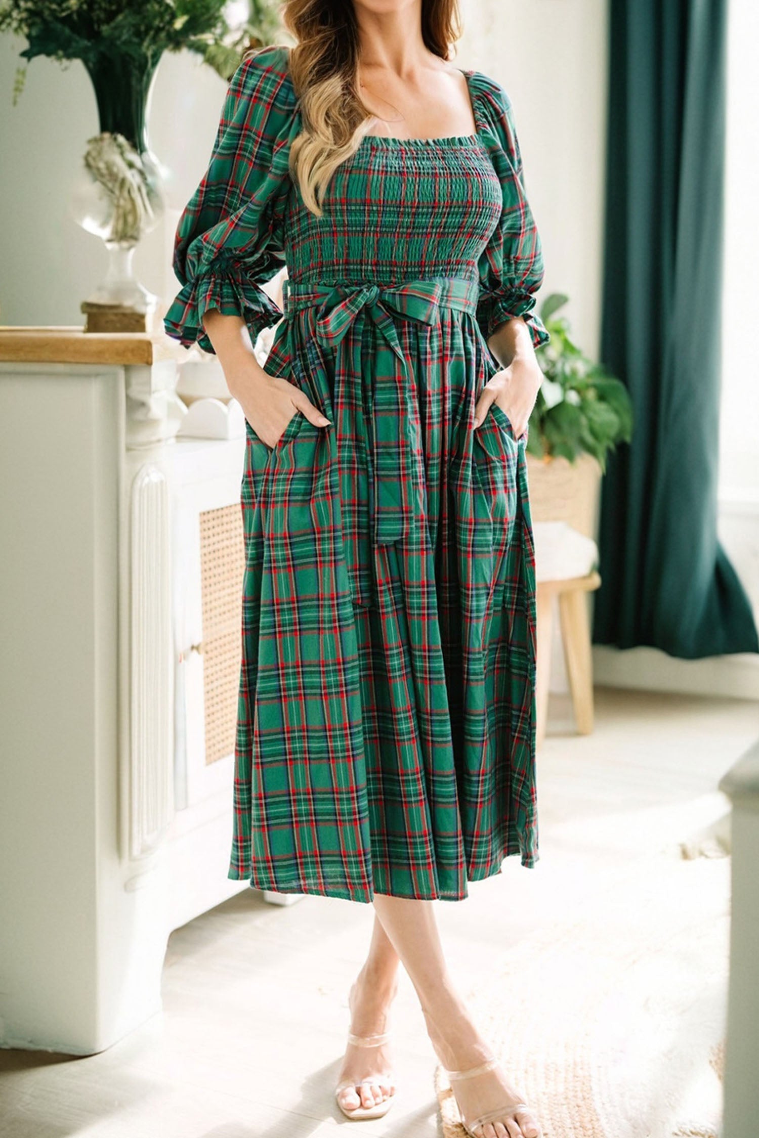 Red Green Tartan Plaid Flared Midi Dress