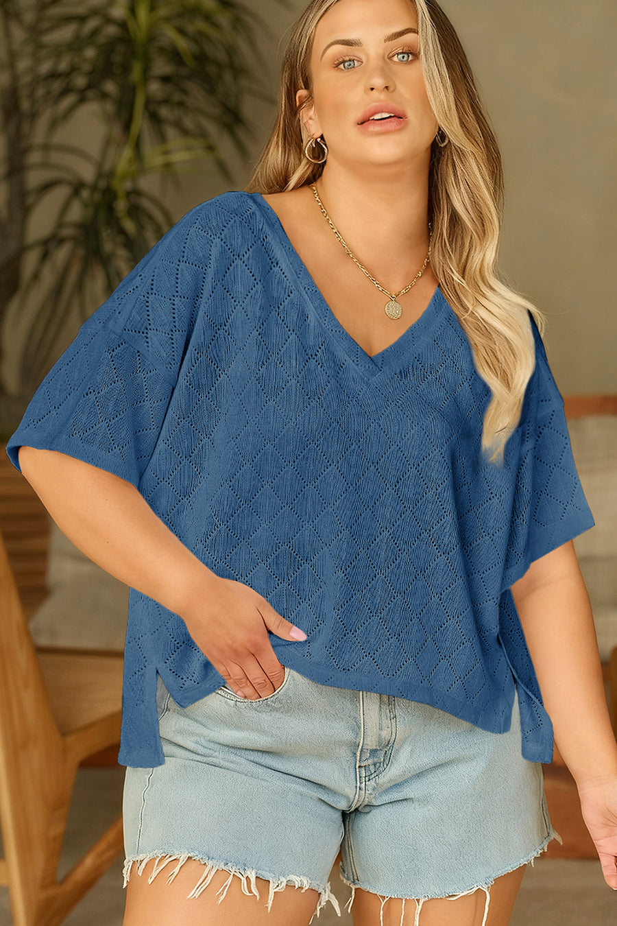 Pointelle Rhombus Knit V Neck Loose Plus Size Top Women UK