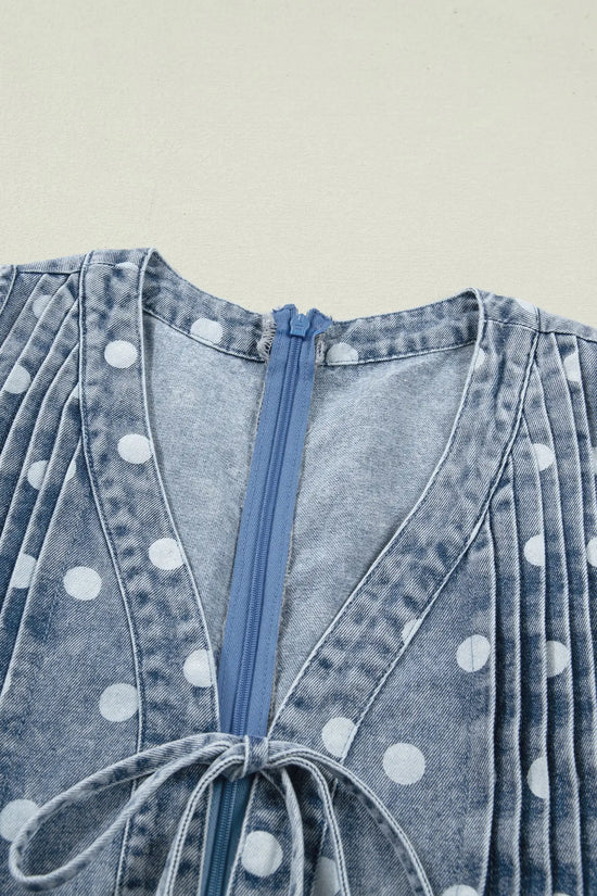 Sky blue polka dot print tie v neck pleated loose denim romper