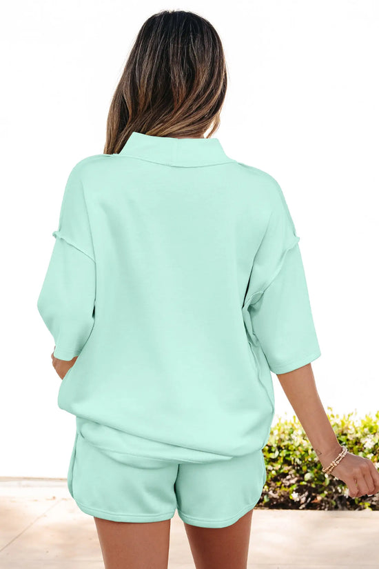 Exposed seam mock neck oversized tee shorts two piece set pockets outfit sets