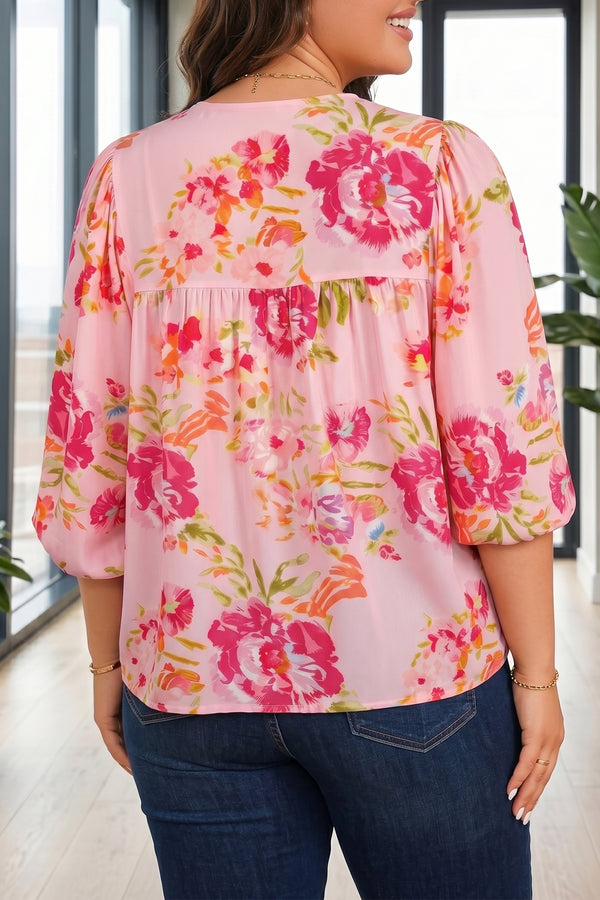 Pink floral tie front plus size tunic top — side view showing tie and tunic length