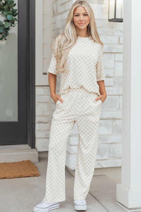 Checkered print half sleeve tee & lounge pants 2-piece loungewear set