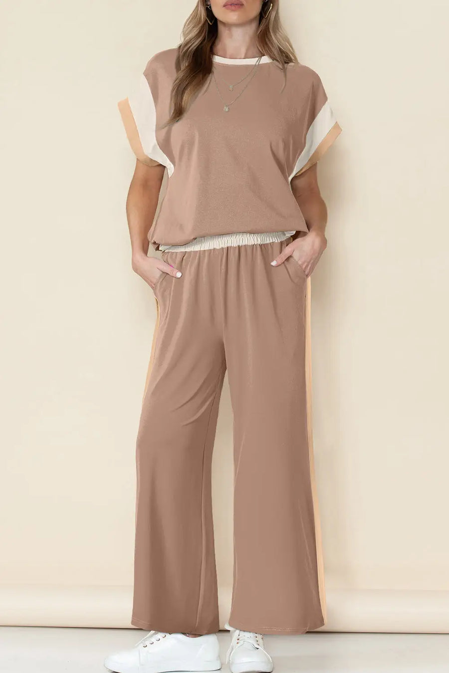 Colour block two piece set cap sleeve wide leg pants women uk