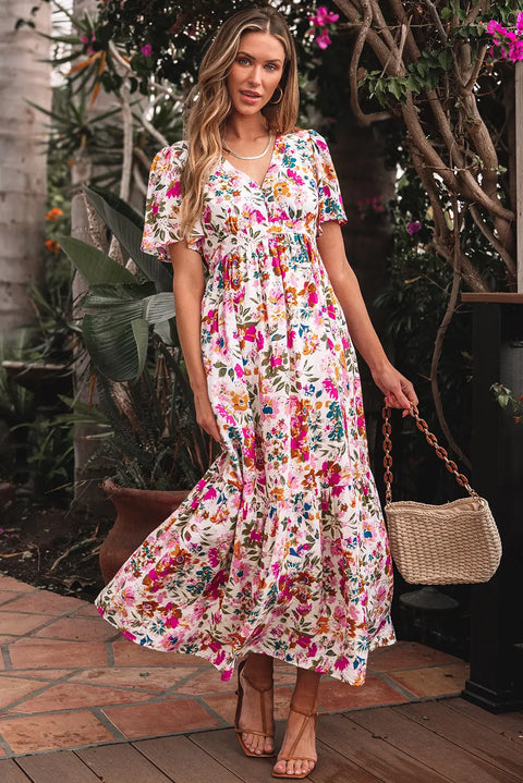 Red Floral Short Sleeve V Neck High Waist Maxi Dress Women UK