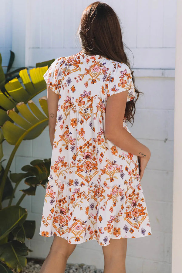 Apricot Floral Geometric Ruffled Flutter Sleeve Mini Dress Women UK