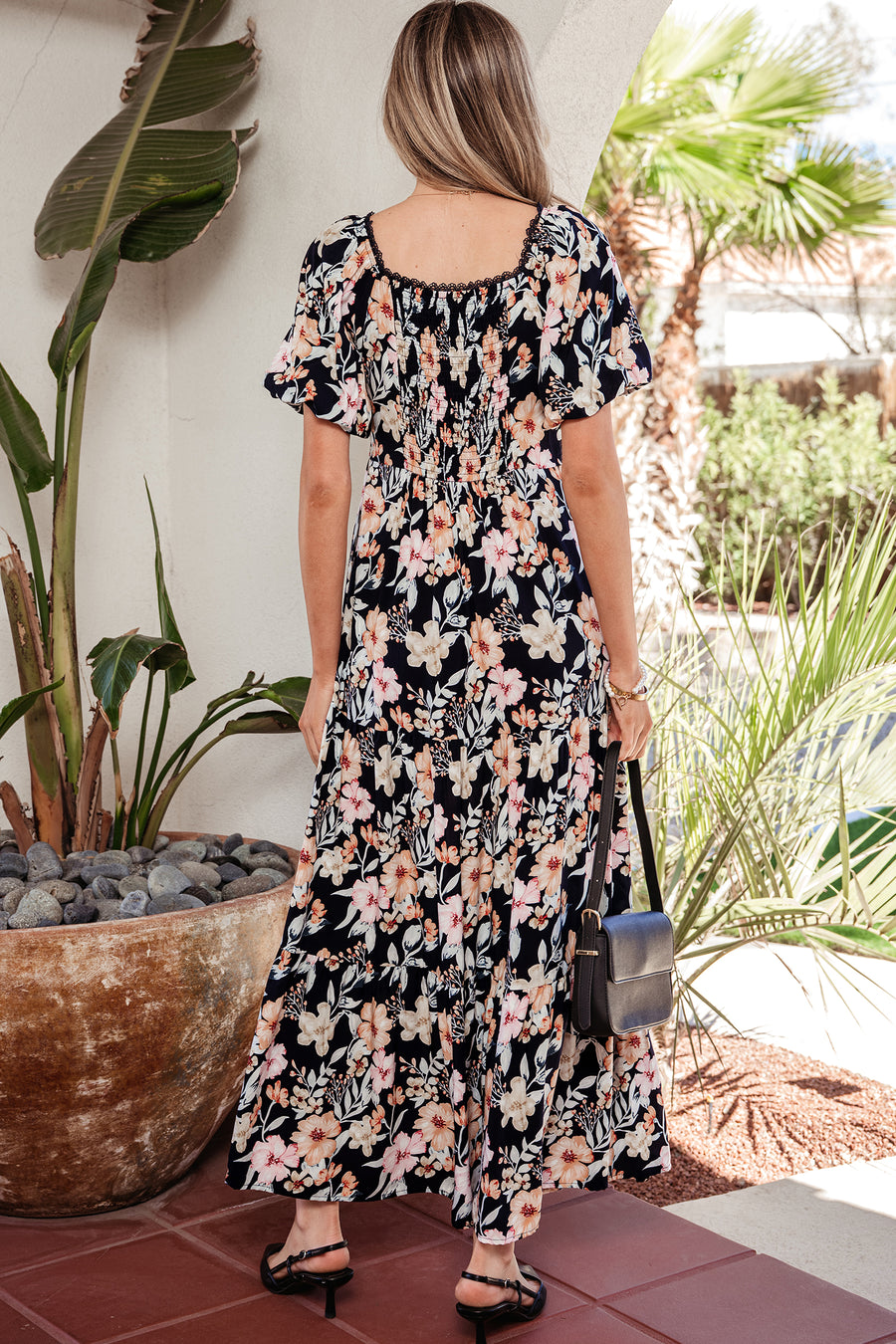 Blue Floral Short Sleeve Smocked High Waist Maxi Dress Women UK — side detail
