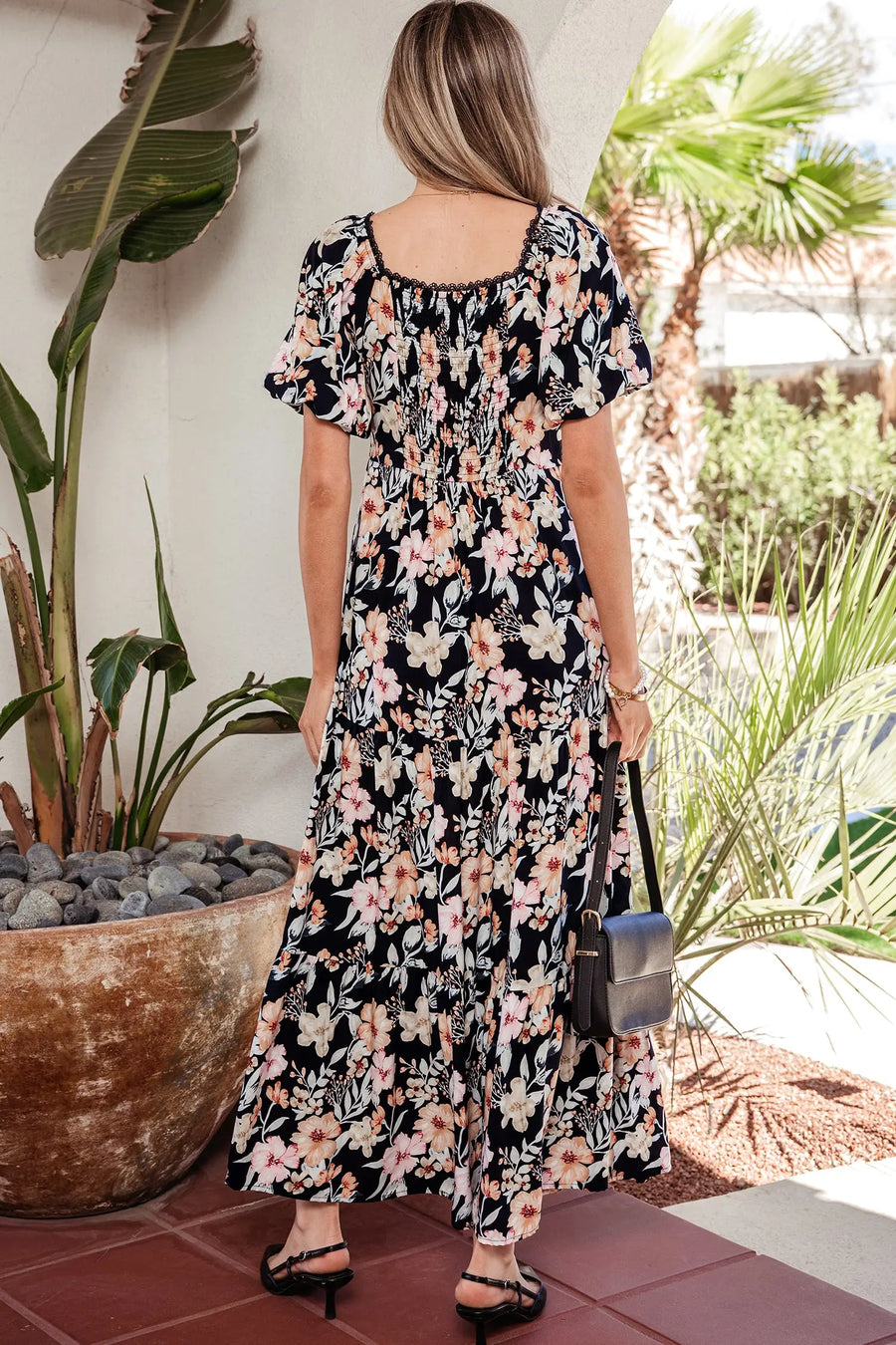 Blue Floral Short Sleeve Smocked High Waist Maxi Dress Women UK — side detail