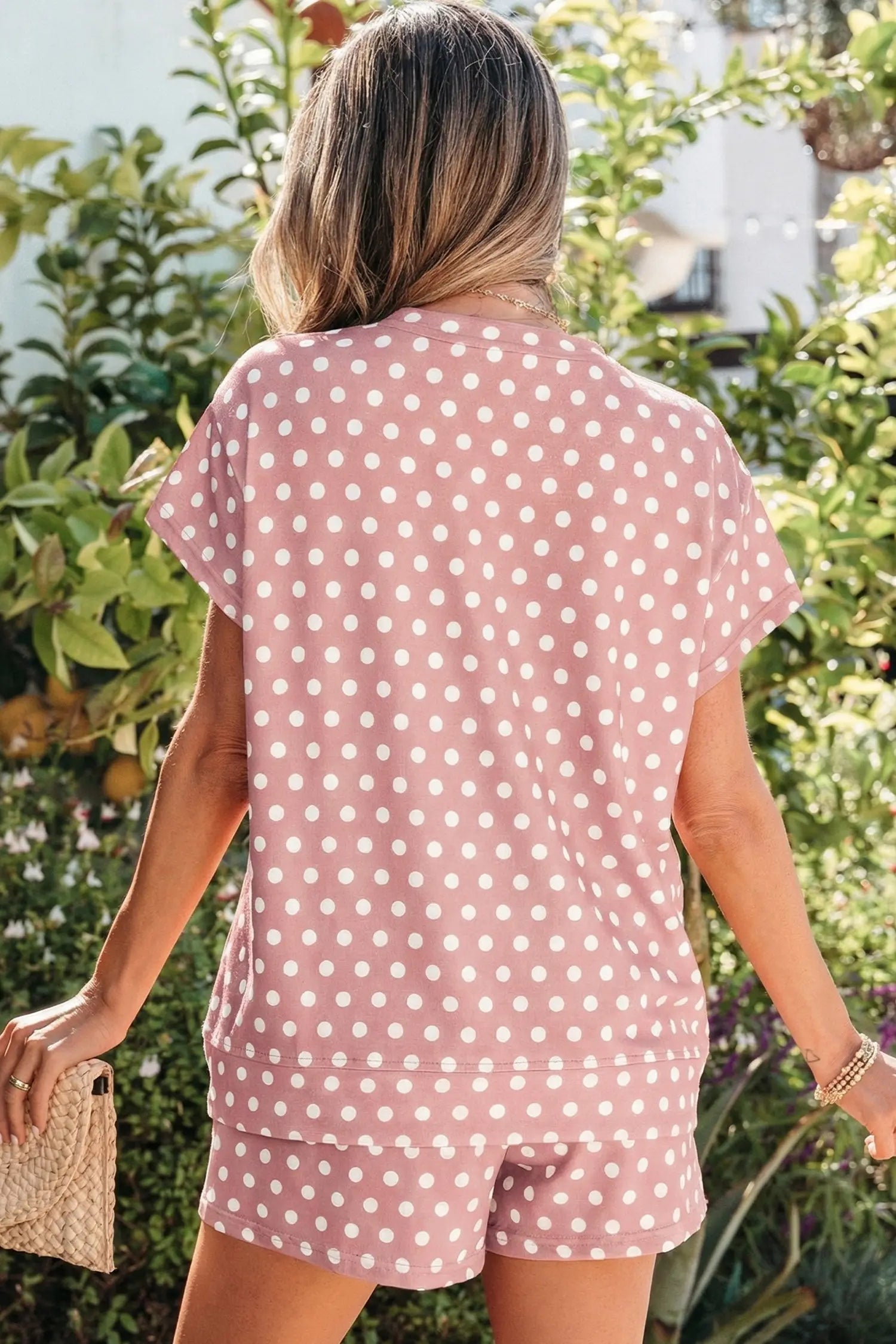 Purple polka dot print short set