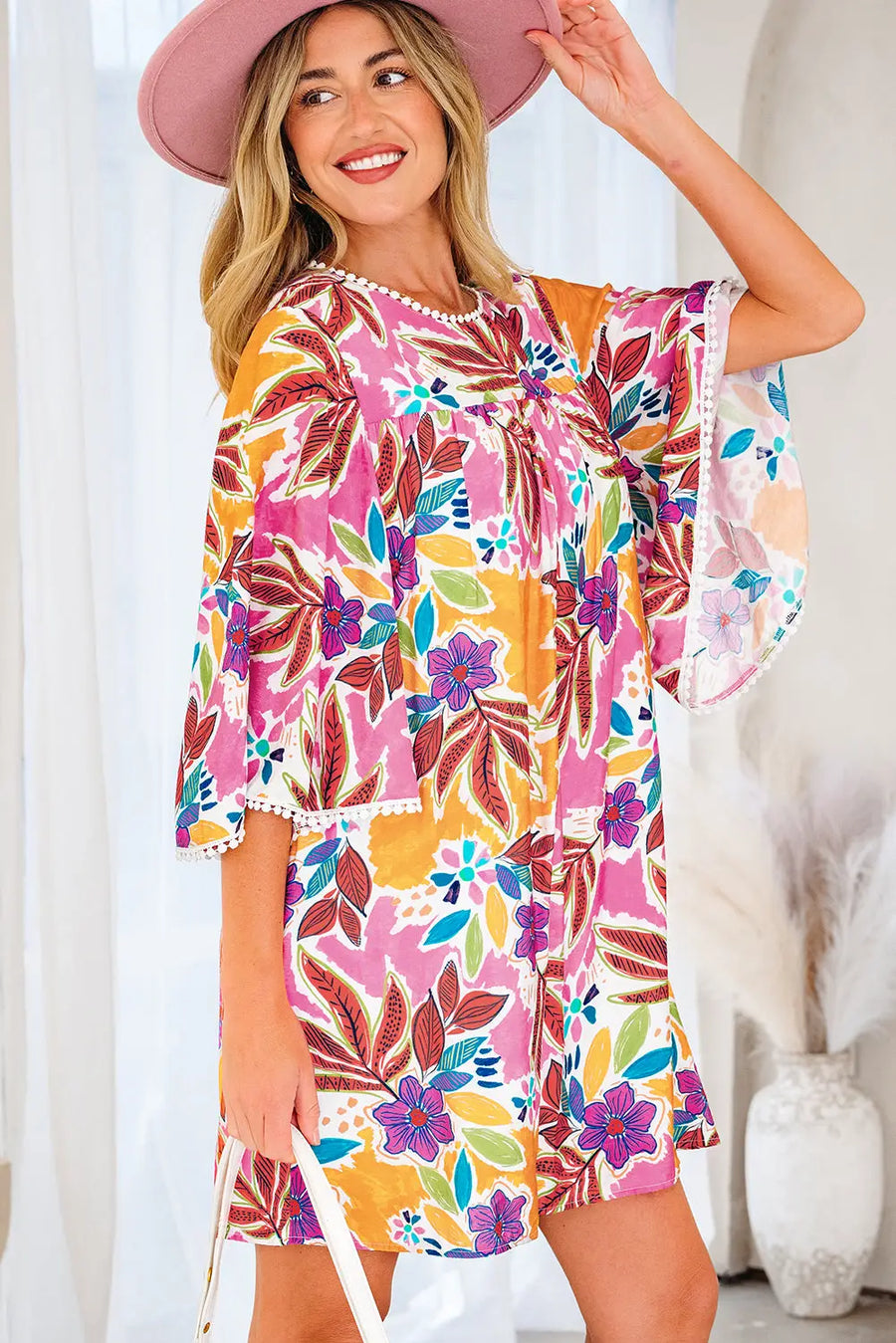 Pink Floral Lace Trim Bell Sleeve Swing Mini Dress Women UK