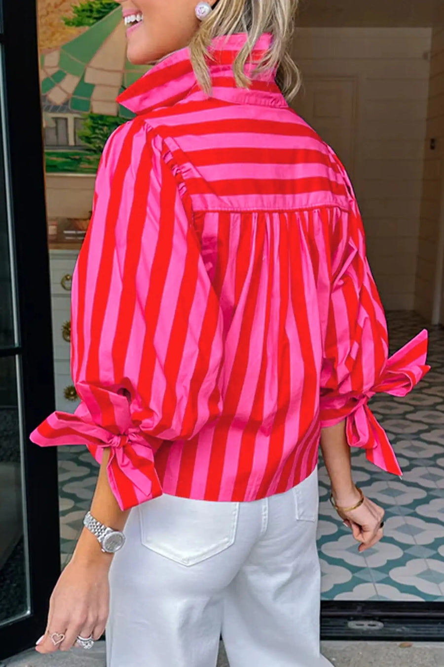 Women's tie neck striped shirt UK — full length front view on model