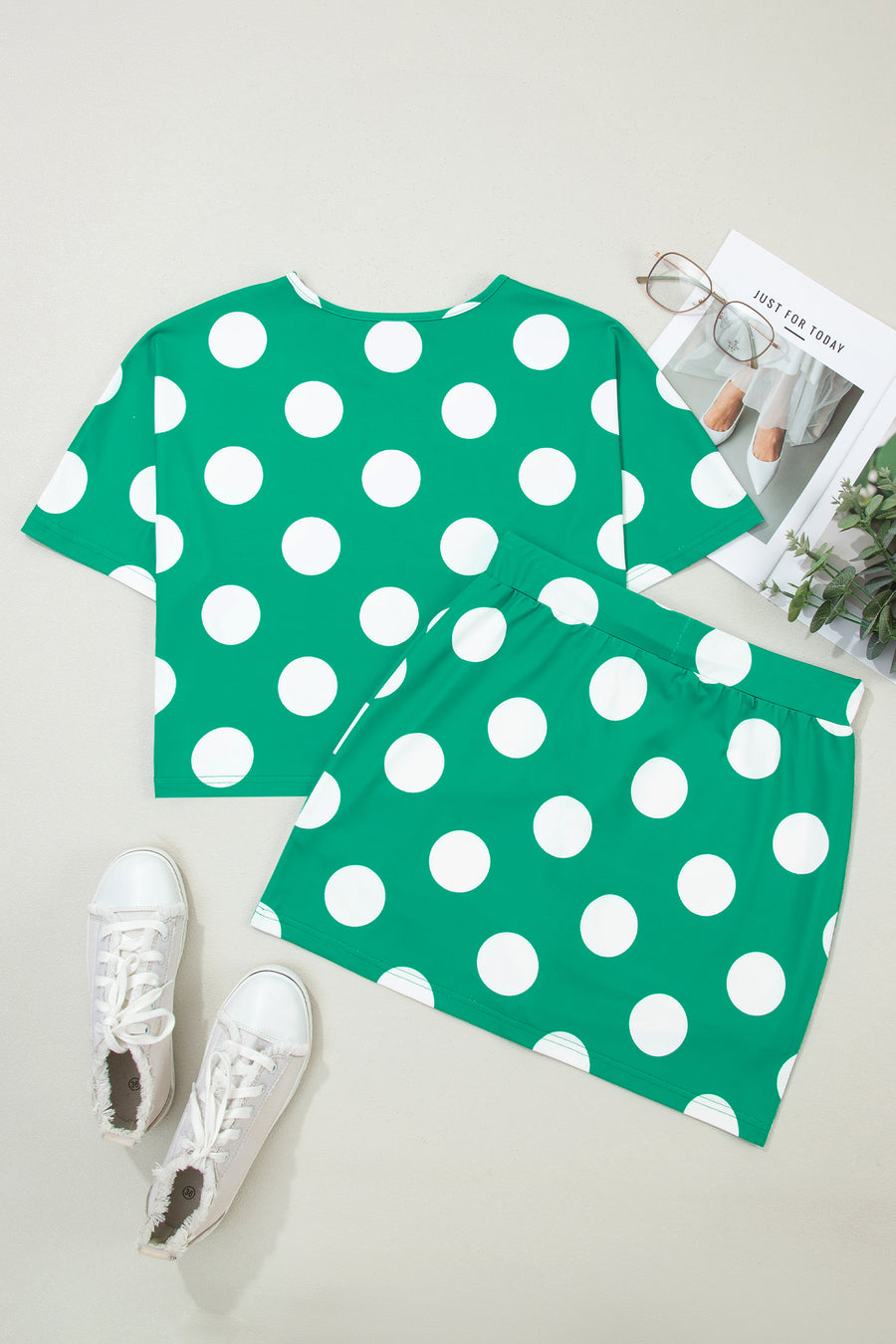 Polka Dot Cropped Tee and Bodycon Skort Two-Piece Set Women UK