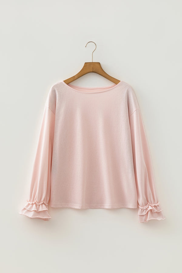 Pink Ruffle Sleeve Long Sleeve Loose Pullover Top Women UK
