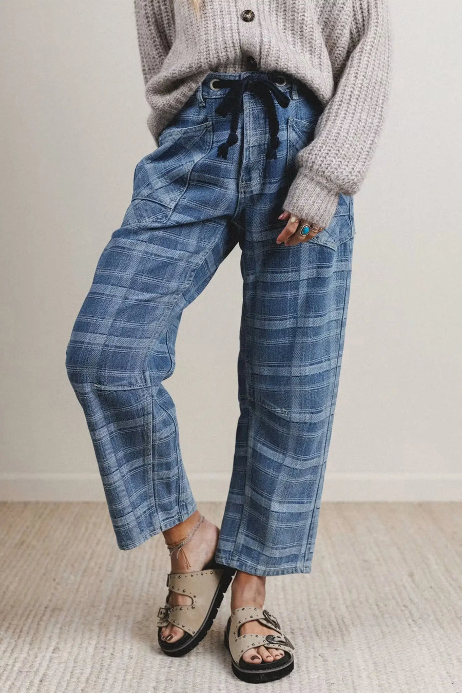 Sky blue plaid denim grommet jeans full length — Fashionfitz UK