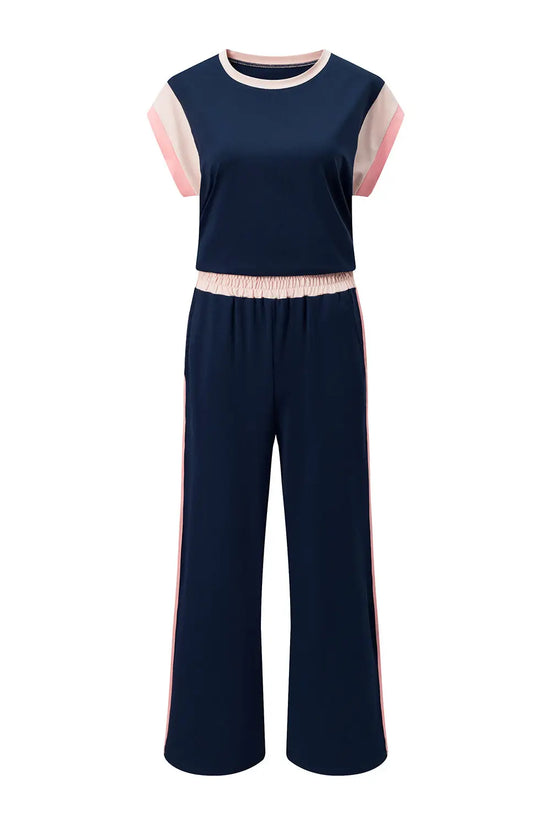 Colour block two piece set cap sleeve wide leg pants women uk